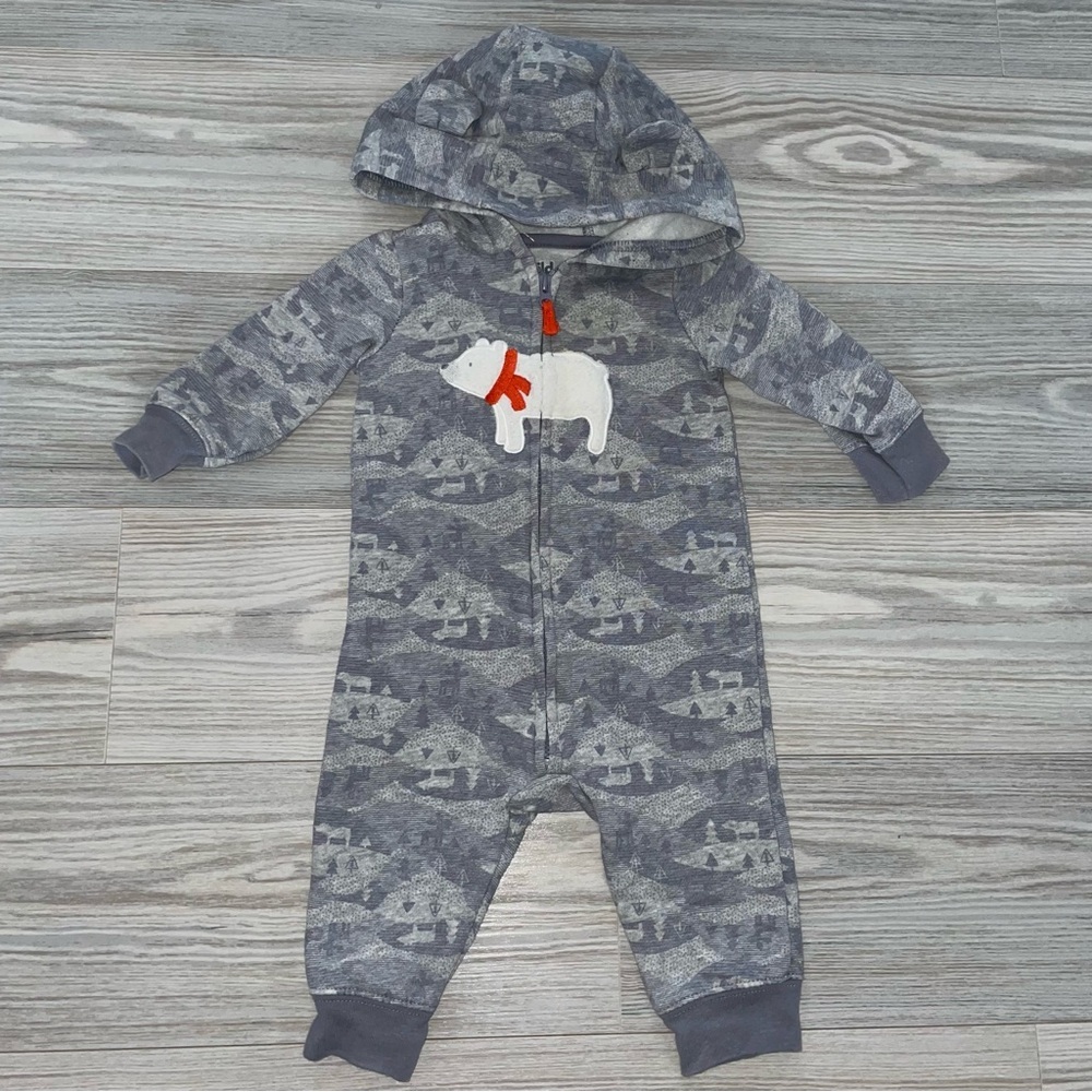 Carter’s Baby Boys Hooded Romper 3–6 Months Gray Camo Bear Zip One Piece